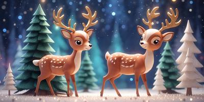 The primary subject of the image is two deer standing in a snowy environment. They are positioned next to each other, with one deer on the left and the other on the right. The setting includes a forest with trees in the background. The visual style of the image is a digital art or illustration, creating a whimsical and charming atmosphere. The colors in the image are predominantly white and brown, reflecting the snowy and wintry environment.